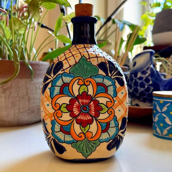 Novica Other - Handmade Oval Multi-Color Talavera Style Ceramic Tequila Decanter